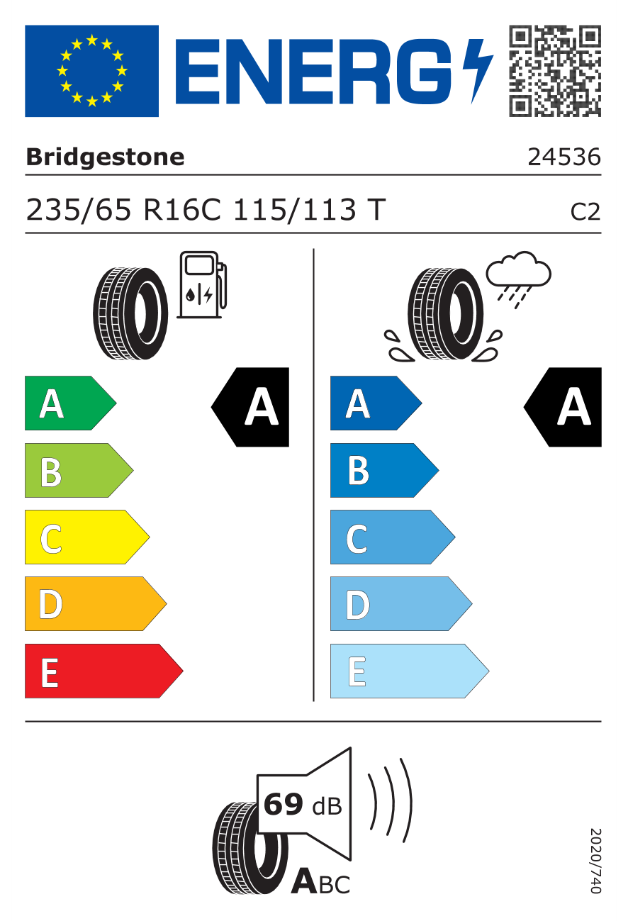 Eticheta energetică UE: Bridgestone Duravis VAN 235/65 R16, consum A, frânare pe ud A, zgomot 69 dB