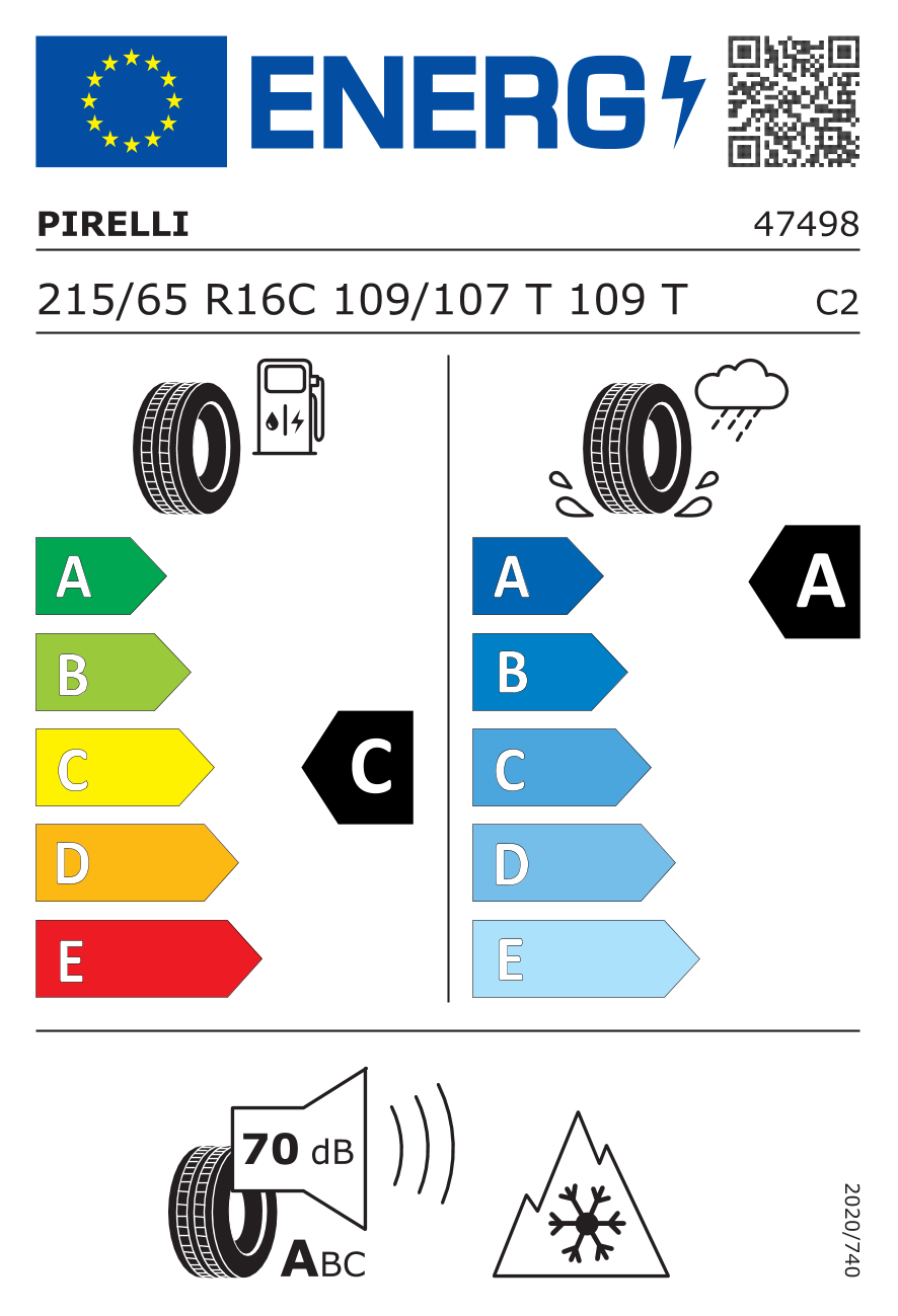 Eticheta energetică UE: Pirelli Carrier All Season 215/65 R16, consum C, frânare pe ud A, zgomot 70 dB