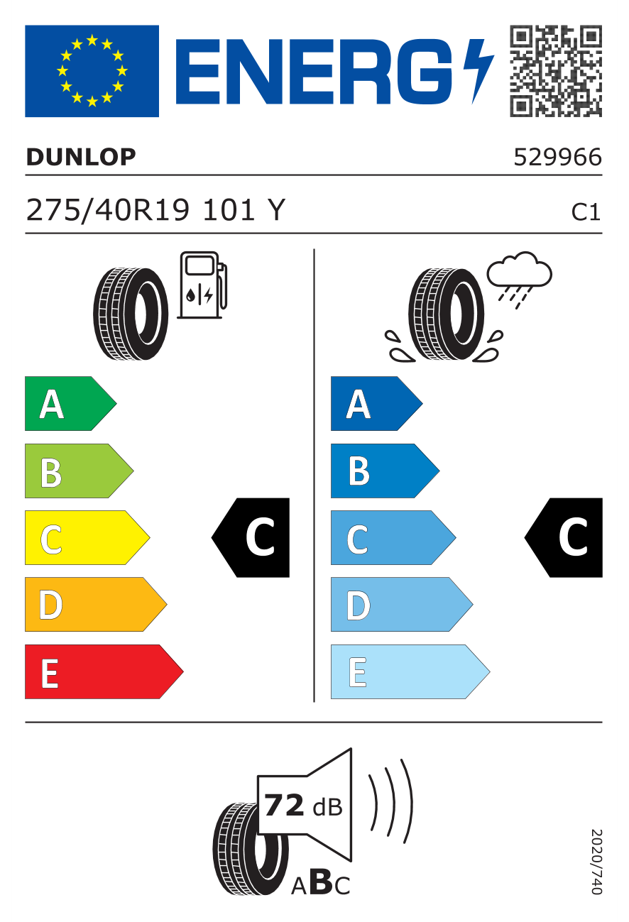 Eticheta energetică UE: Dunlop Sport Maxx RT 275/40 R19, consum C, frânare pe ud C, zgomot 72 dB