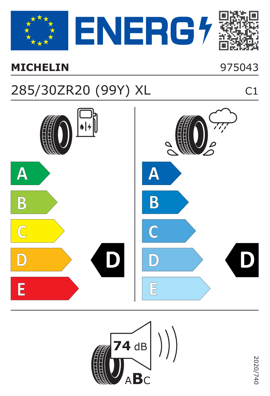 Eticheta energetică UE: Michelin Pilot Sport Cup 2 285/30 R20, consum D, frânare pe ud D, zgomot 74 dB