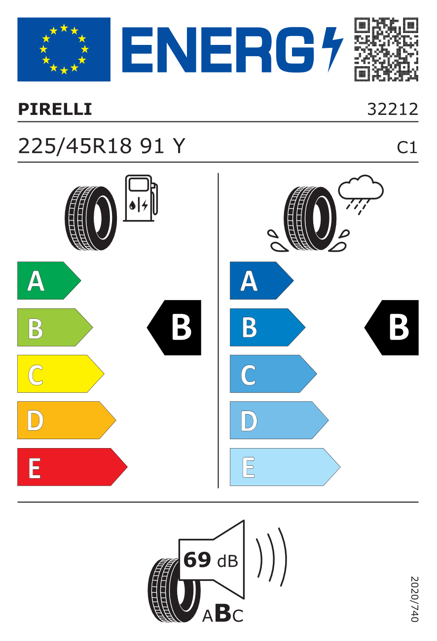 Eticheta energetică UE: Pirelli Cinturato P7 225/45 R18, consum B, frânare pe ud B, zgomot 69 dB