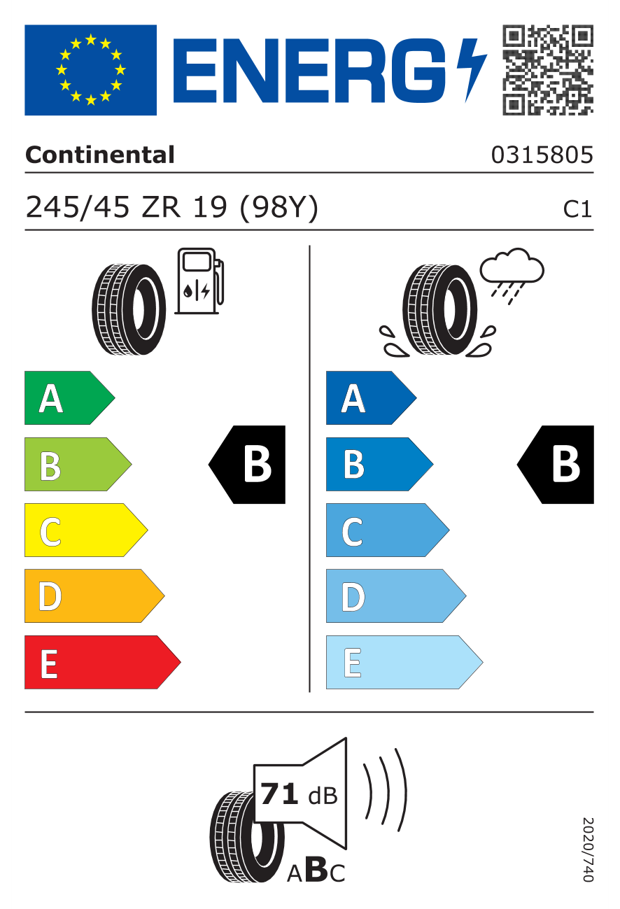 Eticheta energetică UE: Continental Premiumcontact 6 245/45 R19, consum B, frânare pe ud B, zgomot 71 dB