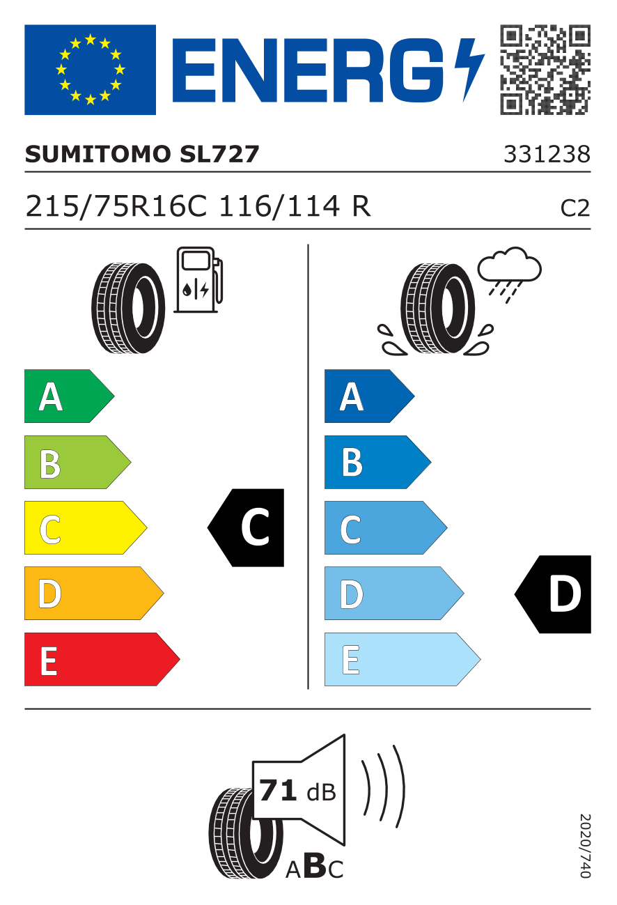 Eticheta energetică UE: Sumitomo SL727 215/75 R16, consum C, frânare pe ud D, zgomot 71 dB