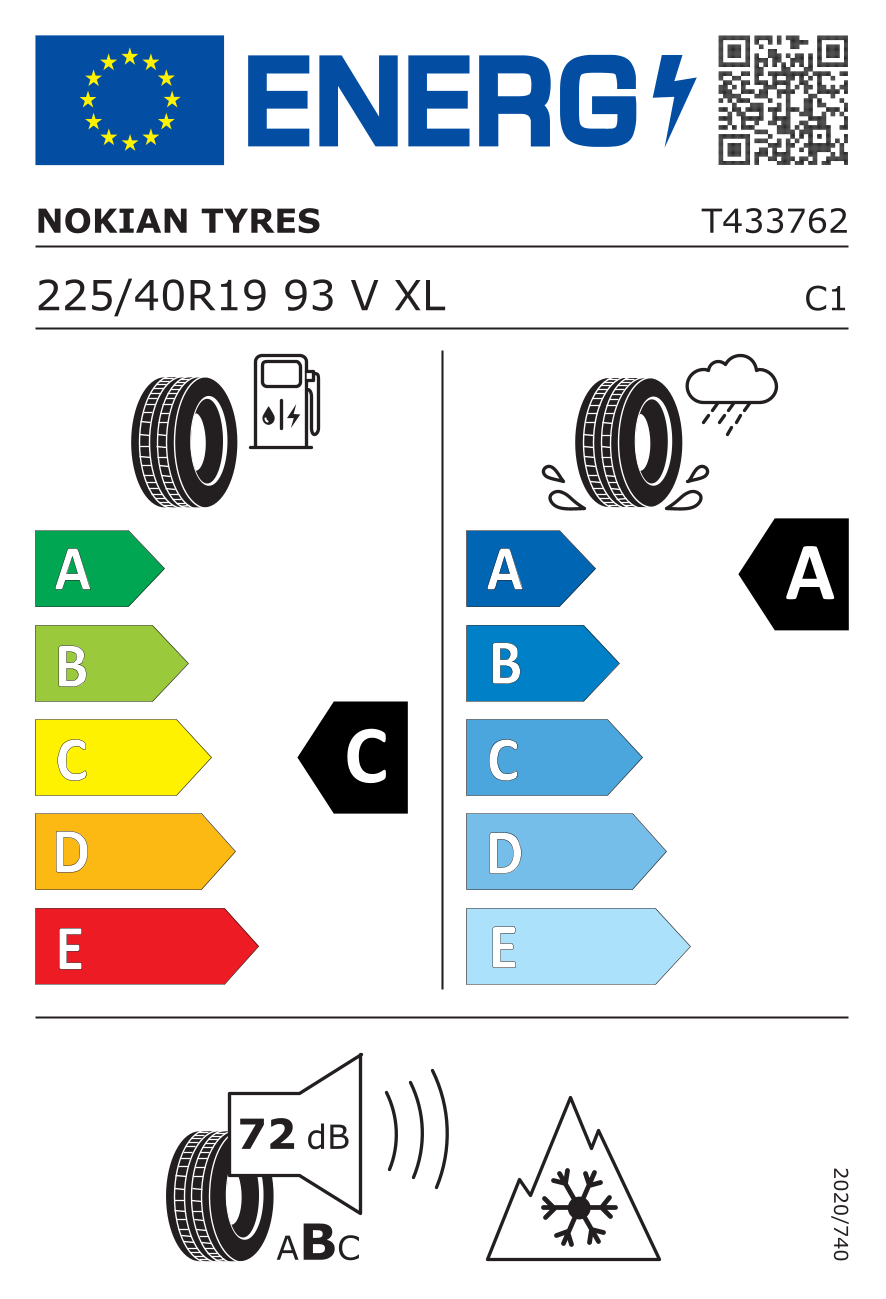Eticheta energetică UE: Nokian Snowproof 3P 225/40 R19, consum C, frânare pe ud A, zgomot 72 dB