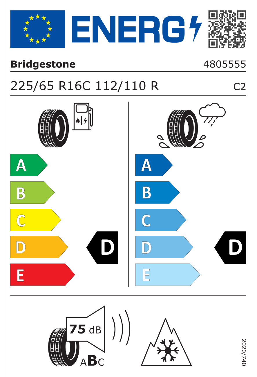 Eticheta energetică UE: Bridgestone Blizzak W995 225/65 R16, consum D, frânare pe ud D, zgomot 75 dB
