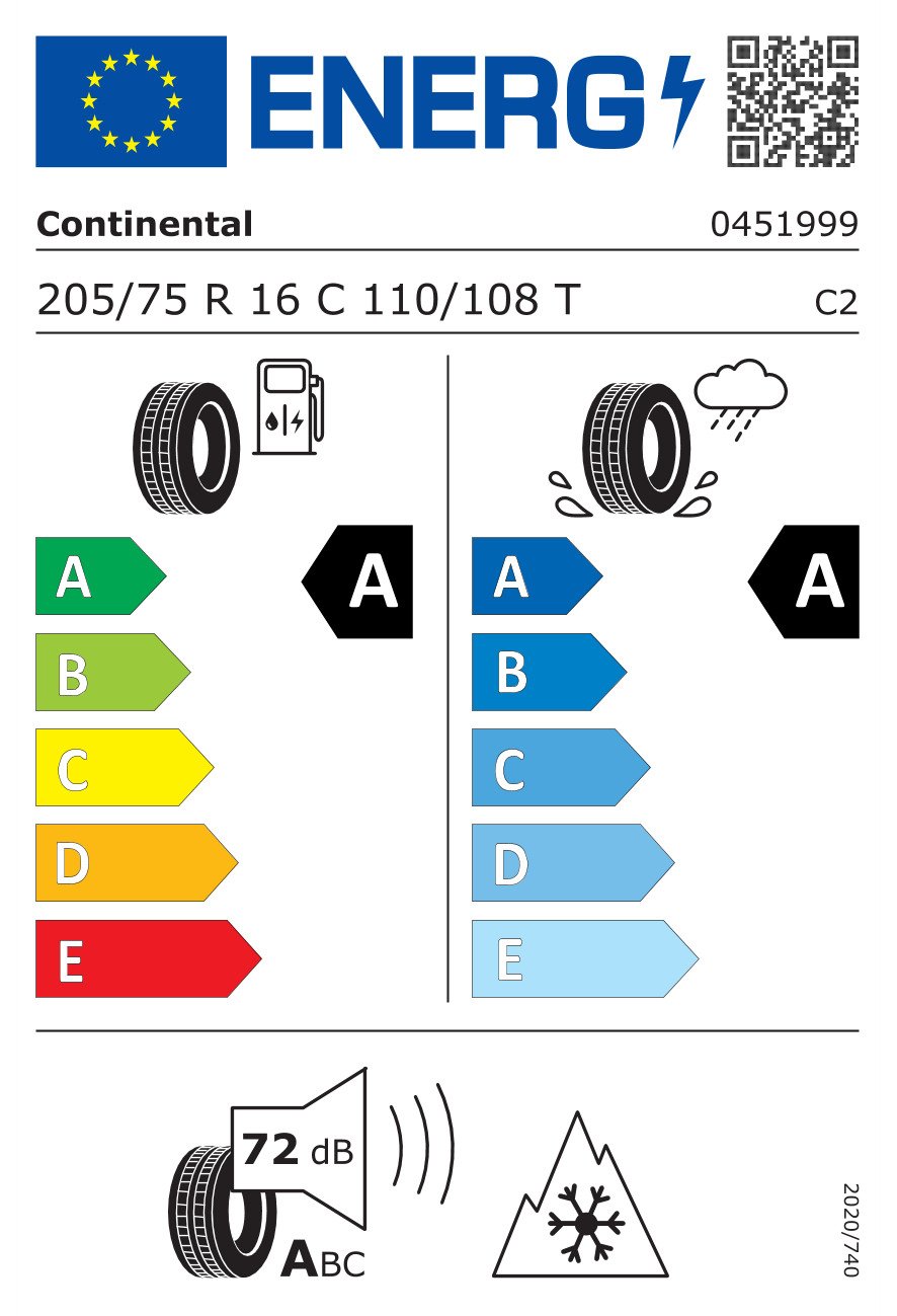 Eticheta energetică UE: Continental Vancontact AS Eco 205/75 R16, consum A, frânare pe ud A, zgomot 72 dB