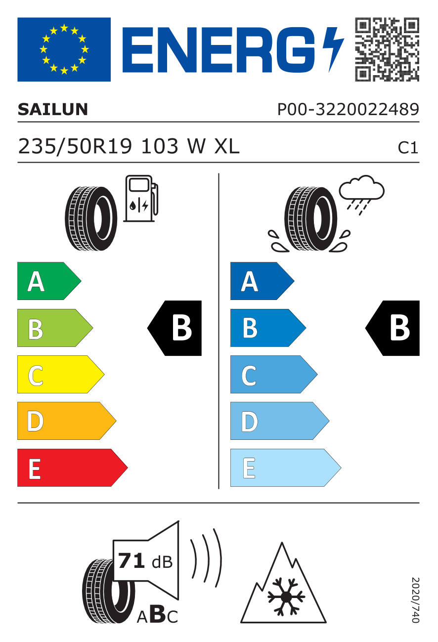 Eticheta energetică UE: Sailun Iceblazer Alpine Evo 2 235/50 R19, consum B, frânare pe ud B, zgomot 71 dB