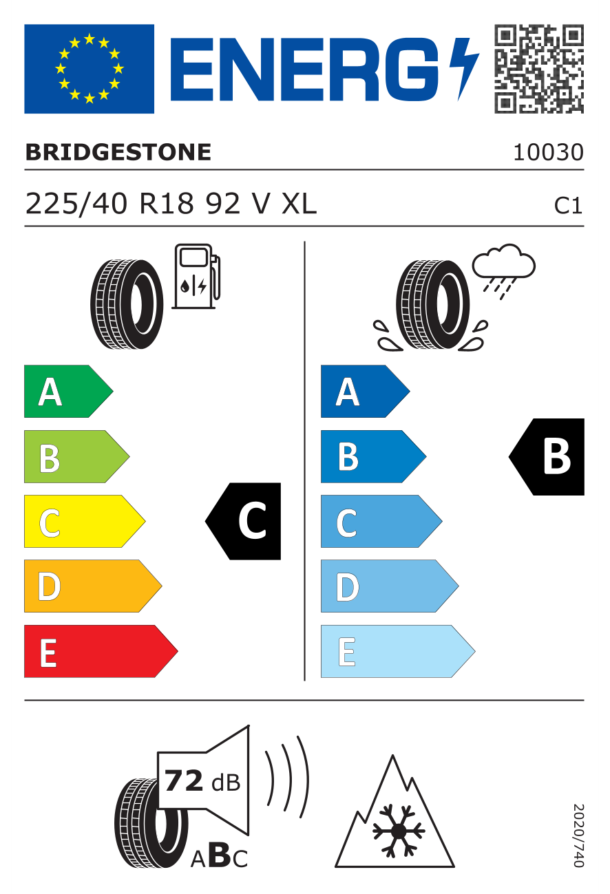 Eticheta energetică UE: Bridgestone Blizzak LM001 225/40 R18, consum C, frânare pe ud B, zgomot 72 dB