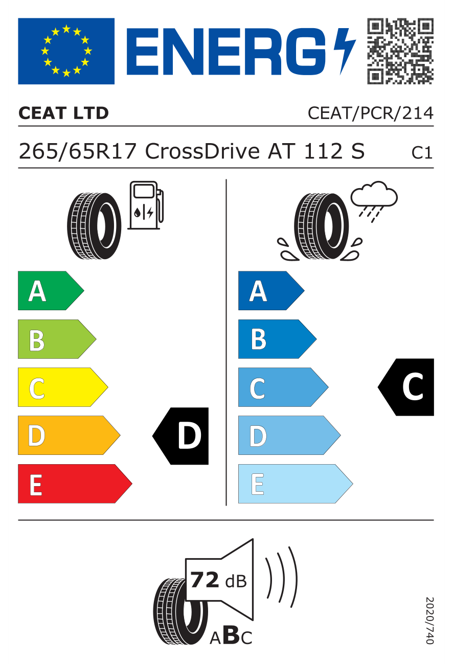 Eticheta energetică UE: Ceat Cross Drive AT 265/65 R17, consum D, frânare pe ud C, zgomot 72 dB