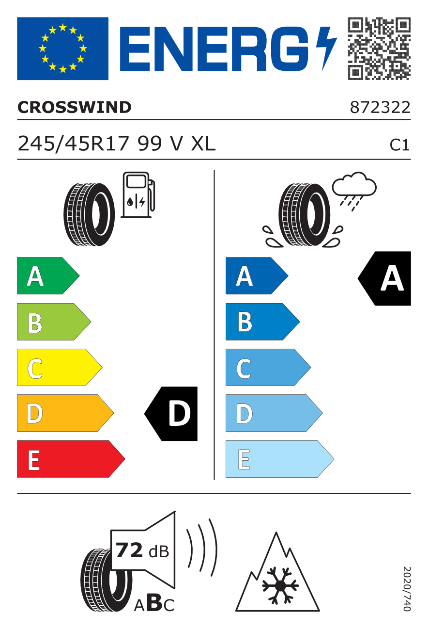 Eticheta energetică UE: Crosswind Grip Peak Winter 245/45 R17, consum D, frânare pe ud A, zgomot 72 dB