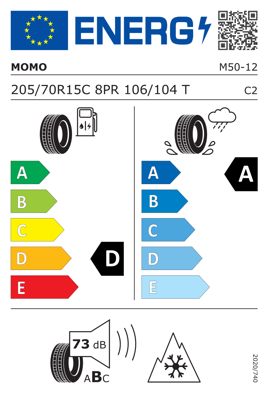 Eticheta energetică UE: Momo M-50 Season VAN 205/70 R15, consum D, frânare pe ud A, zgomot 73 dB