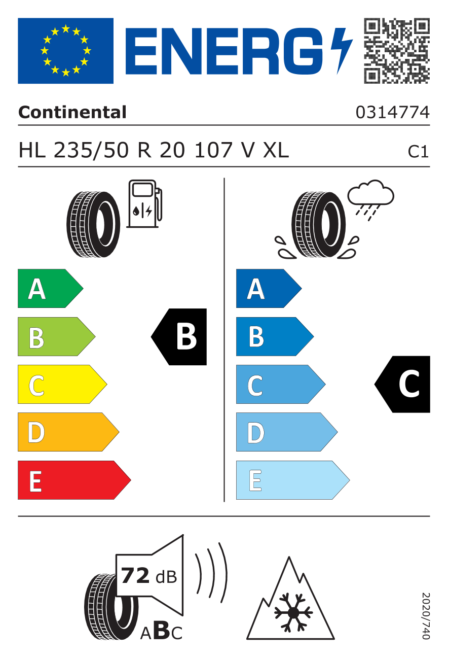 Eticheta energetică UE: Continental Wintercontact TS 860 S 235/50 R20, consum B, frânare pe ud C, zgomot 72 dB
