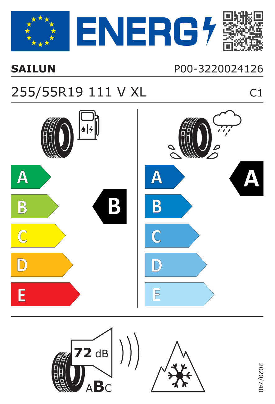 Eticheta energetică UE: Sailun Iceblazer Alpine Evo 2 255/55 R19, consum B, frânare pe ud A, zgomot 72 dB