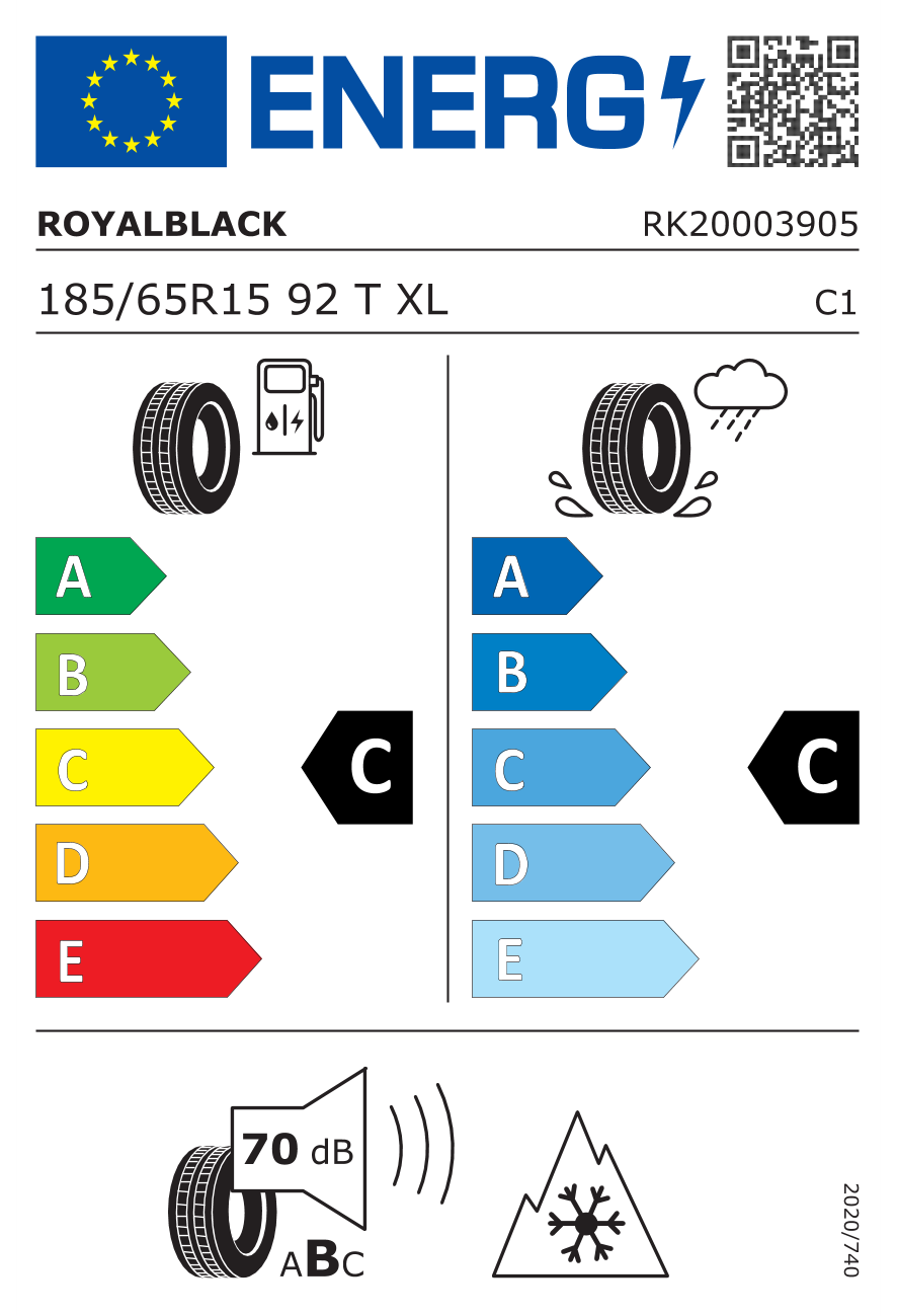 Eticheta energetică UE: Royal Black Royal AS II 185/65 R15, consum C, frânare pe ud C, zgomot 70 dB