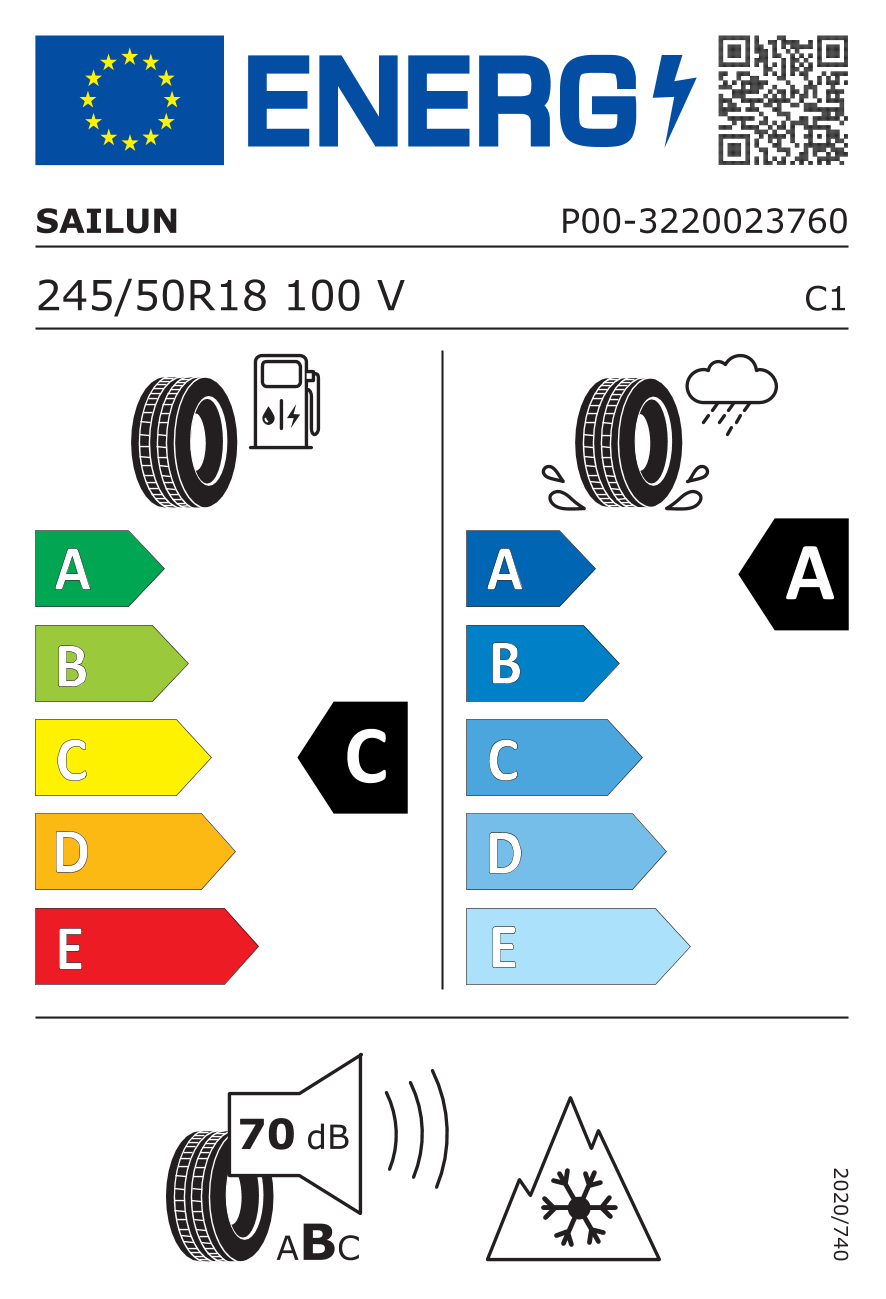 Eticheta energetică UE: Sailun Atrezzo 4S Ultra 245/50 R18, consum C, frânare pe ud A, zgomot 70 dB