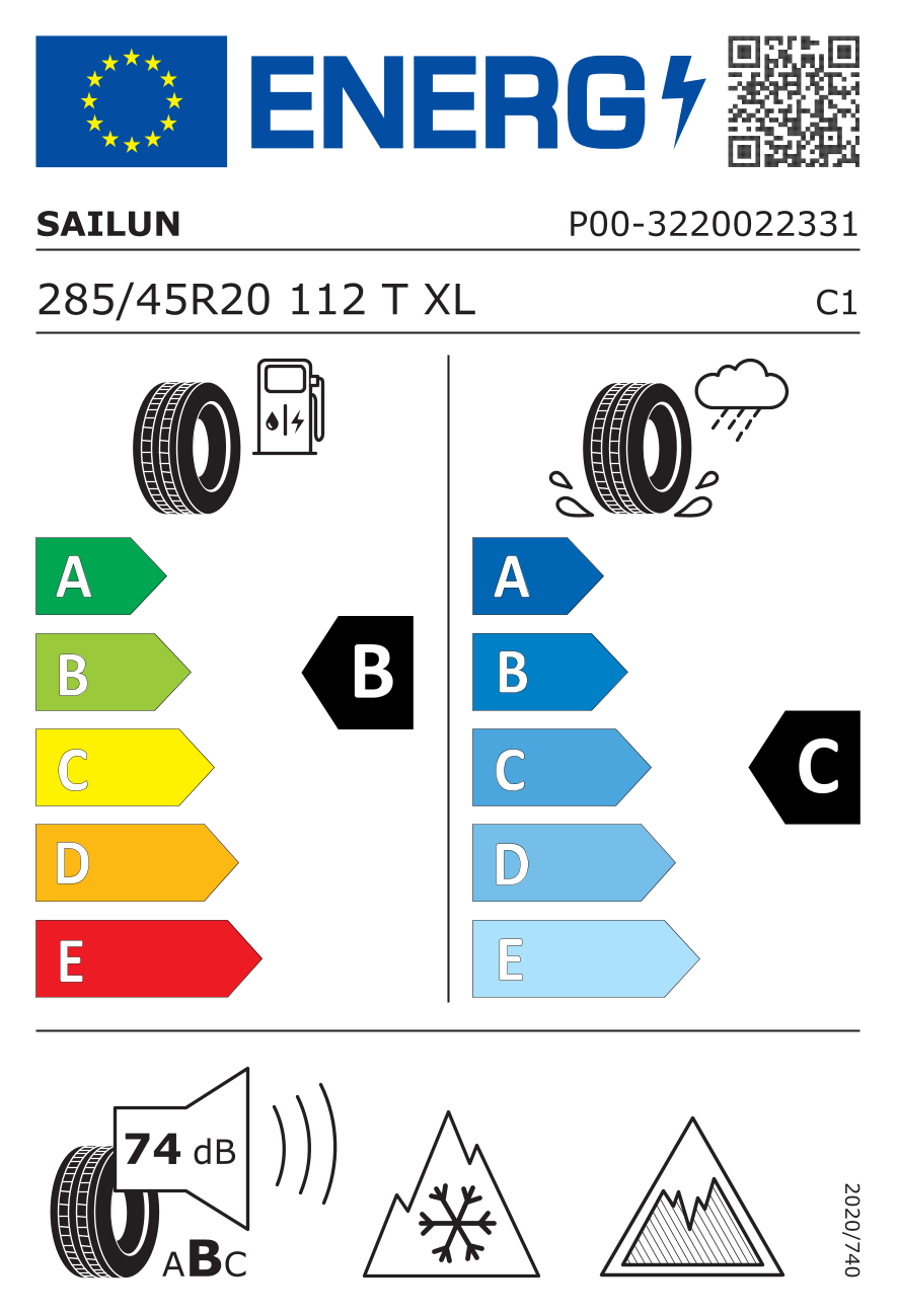 Eticheta energetică UE: Sailun Iceblazer Spike 285/45 R20, consum B, frânare pe ud C, zgomot 74 dB