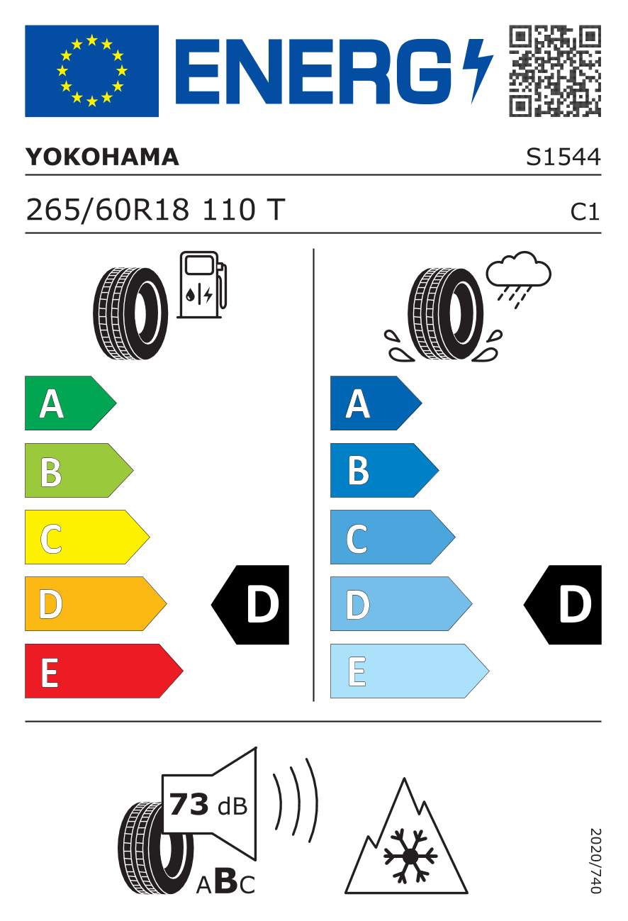 Eticheta energetică UE: Yokohama Geolandar AT4 G018 265/60 R18, consum D, frânare pe ud D, zgomot 73 dB