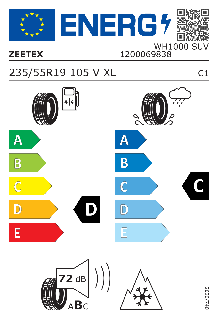 Eticheta energetică UE: Zeetex WH1000 SUV 235/55 R19, consum D, frânare pe ud C, zgomot 72 dB