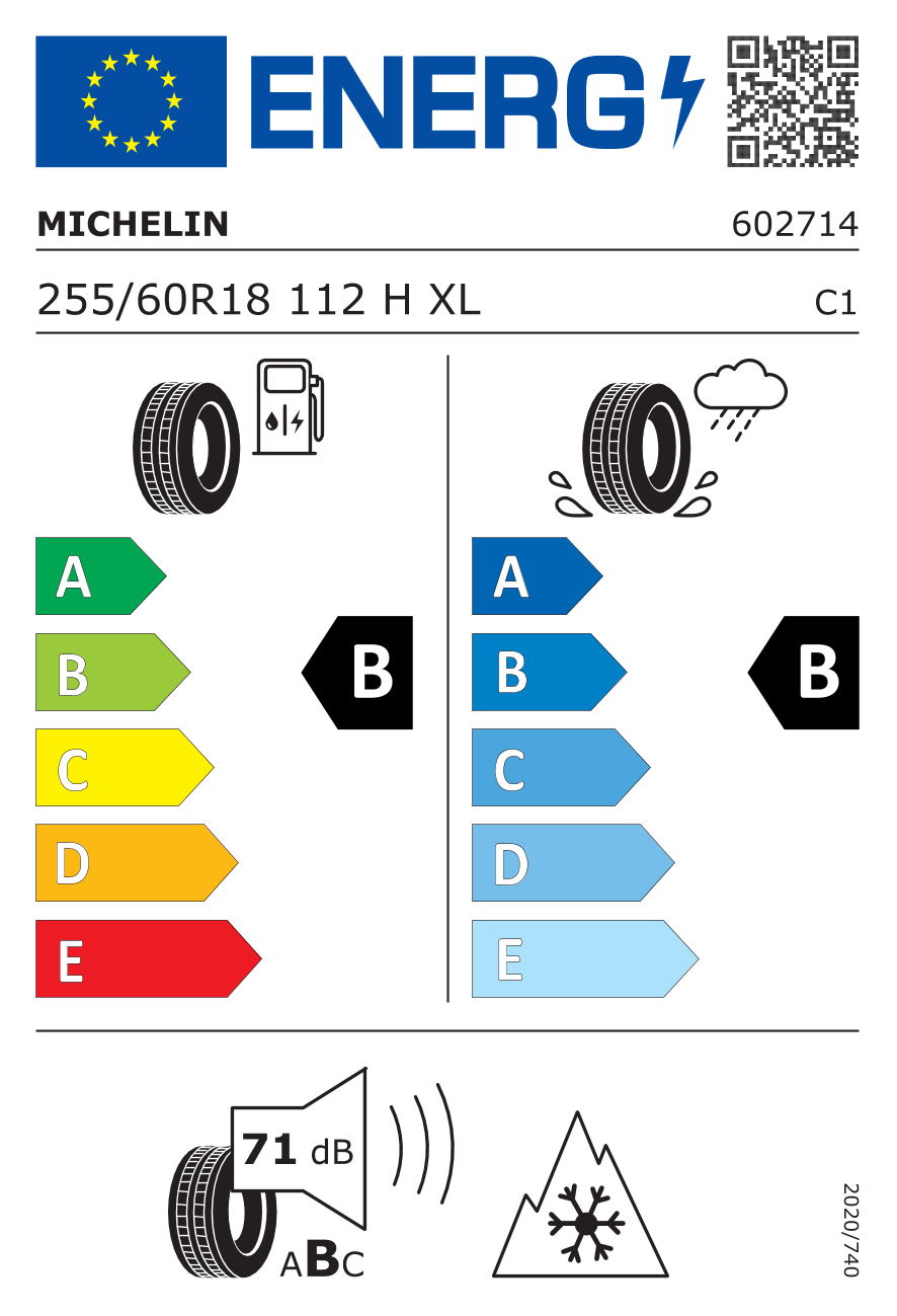 Eticheta energetică UE: Michelin Crossclimate 2 SUV 255/60 R18, consum B, frânare pe ud B, zgomot 71 dB