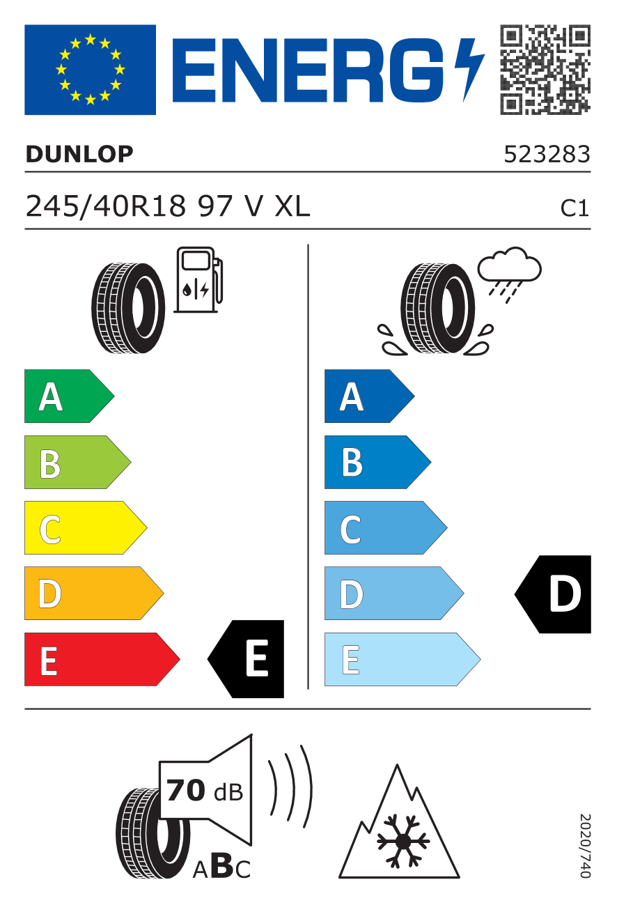 Eticheta energetică UE: Dunlop SP Winter Sport 3D 245/40 R18, consum E, frânare pe ud D, zgomot 70 dB